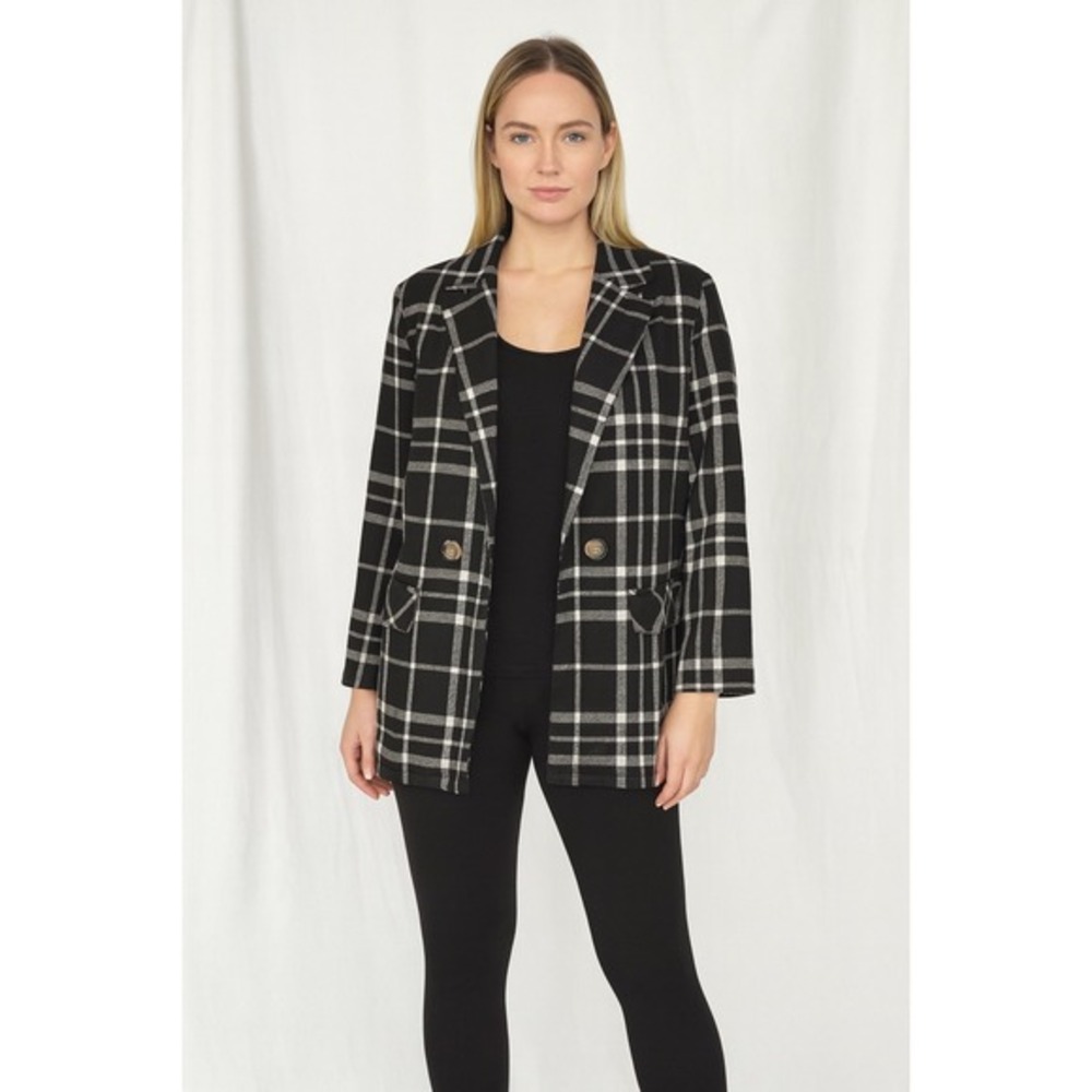 TOPSHOP Plaid Blazer Jacket Black‎ White Double Breasted 10 Dark Academia 65-27